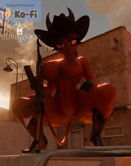 ak-47 ak_platform assault_rifle big_breasts big_butt boots breasts butt clothing cowboy_boots cowboy_hat crouching female footwear genitals gun hat headgear headwear horn looking_at_viewer looking_down looking_down_at_viewer nude ranged_weapon rifle shoes smile smiling_at_viewer solo thick_thighs vulva weapon schnozzracclewd samzan_(modeler) hellaverse helluva_boss millie_(helluva_boss) humanoid imp 3d_(artwork) blender_(artwork) blender_cycles_(artwork) digital_media_(artwork) hi_res