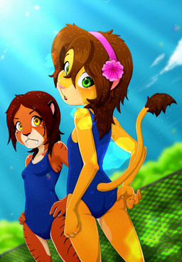 accessory adolescent anthro blush brown_hair butt clothing countershading day detailed_background duo female fence flat_chested fur green_eyes hair hair_accessory light loli metal_fence nature nature_background one-piece_swimsuit orange_body orange_fur school_swimsuit sun sunlight swimwear uniform water wet wet_body wet_clothing wet_hair yellow_eyes young young_anthro young_female piporete keiko_sakmat minami_(piporete) felid lion mammal pantherine prehistoric_species saber-toothed_tiger absurd_res digital_media_(artwork) hi_res signature