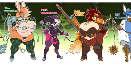 5_fingers 5_toes anthro armor big_breasts blue_eyes blue_hair breasts brown_hair bulge camel_toe clothed clothing curvy_figure dress ear_piercing eyebrow_through_hair eyebrows eyewear feet female fingers flail footwear fur glasses gloves green_sclera grey_body grey_fur group hair handwear hat headgear headwear high_heels huge_breasts industrial_piercing legwear long_ears long_hair male melee_weapon multicolored_body multicolored_fur multicolored_hair orange_body orange_fur orange_hair overweight overweight_anthro overweight_female panties piercing pink_body pink_fur purple_eyes purple_hair shoes skimpy staff standing stockings text thick_thighs thigh_highs toes translucent translucent_hair two_tone_body two_tone_fur two_tone_hair unconvincing_armor underwear voluptuous weapon white_body white_fur white_hair wide_hips witch_hat yellow_eyes mr.pink berri_(mr.pink) canela_(mr.pink) coco_(mr.pink) dulce_(mr.pink) pwink_(mr.pink) raspberry_(mr.pink) lagomorph leporid mammal rabbit 2026 absurd_res english_text hi_res