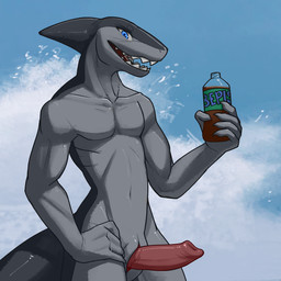 animal_genitalia anthro beverage blue_eyes bottle container countershade_face countershade_neck countershade_torso countershading drink_bottle erection fin genital_slit genitals gills glistening glistening_body glistening_genitalia glistening_penis hand_on_hip head_fin holding_bottle holding_container holding_object male navel nude pecs penis sharp_teeth slim snout solo tail teeth tongue wave syynx bepis aquatic fish shark 1:1 2024