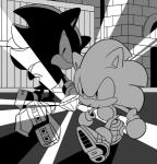 anthro chaos_emerald chibi clothing duo footwear gem gloves handwear looking_back male outside shoes soap_shoes walking sikai sega sonic_adventure sonic_the_hedgehog_(series) shadow_the_hedgehog sonic_the_hedgehog eulipotyphlan hedgehog mammal greyscale monochrome