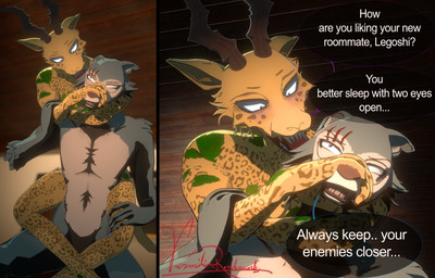 angry anthro carrying_another clenched_teeth dialogue duo grabbing_from_behind leopard_spots looking_at_another male male/male nude piggyback scar spots standing tasteful_nudity tattoo taunting teeth text tired_eyes vermilionrenderworks enticia_(modeler) beastars legoshi_(beastars) melon_(beastars) antelope bovid canid canine canis felid gazelle hybrid leopard mammal pantherine wolf absurd_res comic english_text hi_res signature