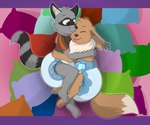 anthro big_diaper biped black_nose black_stripes blep blue_diaper blue_pillow brown_body brown_fur brown_tail cheek_tuft clothing diaper dipstick_tail duo ear_tuft eyes_closed facial_tuft feral fur green_pillow grey_body grey_ears grey_fur grey_inner_ear grey_stripes head_tuft hug inner_ear_fluff lying male markings neck_tuft on_side orange_pillow pillow purple_pillow quadruped red_pillow shirt smile striped_body striped_fur striped_markings striped_tail stripes t-shirt tail tail_markings tongue tongue_out topwear tuft white_body white_fur white_inner_ear_fluff white_tail bunnykisses nintendo pokemon eevee generation_1_pokemon mammal pokemon_(species) procyonid raccoon digital_media_(artwork)