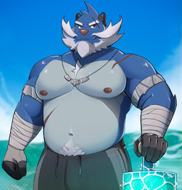 anthro anthrofied areola arm_wraps armband beard biceps blue_body body_hair chest_hair chest_tuft clothed clothing eyebrows facial_hair happy_trail jewelry male melee_weapon musclegut muscular muscular_anthro muscular_male mustache navel necklace nipple_dip nipples pecs pube_peek pubes scar sea sky solo swimwear sword topless topless_anthro topless_male tuft water weapon wraps zcdartz nintendo pokemon generation_5_pokemon pokemon_(species) samurott 2023 absurd_res hi_res