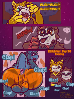anthro anus ass_clapping balls big_butt blank_expression bodypaint bouncing_balls bouncing_butt butt clap_(sound_effect) clapping clothing costume face_paint fake_blood flaccid genitals group looking_at_another looking_at_viewer male monotone_face painted_balls painted_butt penis pink_eyes pumpkin_butt skeleton_costume text tongue tongue_out trio trio_focus vampire_costume judasthesinner kinktober kinktober_2025 bear domestic_cat felid feline felis lagomorph leporid mammal rabbit 2025 3:4 comic english_text hi_res