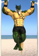 4_toes 5_fingers abs anthro beach beard clothing exercise facial_hair facial_piercing feet fingers front_view male membrane_(anatomy) muscular muscular_male nipple_piercing nipples nose_piercing piercing pull-up_(exercise) sand seaside solo swimming_trunks swimwear toes water webbed_feet graventhax cain_sentau crocodile crocodilian reptile scalie 2023 3d_(artwork) 3d_animation animated digital_media_(artwork) high_framerate loop short_playtime sound watermark webm