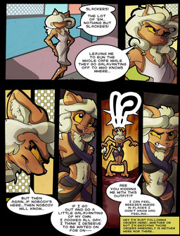 anthro blonde_hair clothed clothing dialogue exclamation_point female fur hair interrobang long_tail orange_body orange_fur plotting question_mark skimpy solo tail text maniac_wolfman cross_time_cafe freighter_tails mzzkiti domestic_cat felid feline felis mammal comic english_text source_request