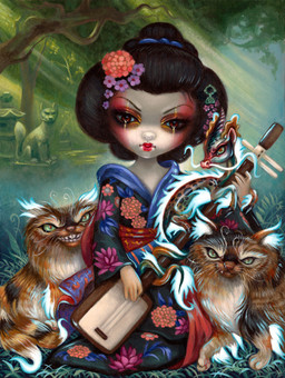 ambiguous_gender asian_clothing black_hair blush_(makeup) clothed clothing east_asian_clothing eyeshadow female feral fur group hair horn japanese_clothing kimono lips lipstick looking_at_viewer makeup pupils tail teeth jasmine_becket-griffith asian_mythology east_asian_mythology japanese_mythology mythology bakeneko calico_cat cheshire_cat_(species) domestic_cat dragon felid feline felis human kirin mammal mythological_creature mythological_scalie scalie yokai 2018 acrylic_painting_(artwork) dated formal_art hi_res painting_(artwork) traditional_media_(artwork) traditional_painting_(artwork)