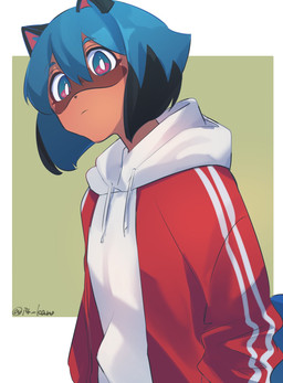 anthro biped blue_body blue_eyes blue_fur blue_hair brown_body clothed clothing eyebrows facial_markings female female_anthro fully_clothed fur hair head_markings hoodie inner_ear_fluff jacket looking_at_viewer markings multicolored_body multicolored_fur multicolored_hair red_clothing red_jacket red_topwear short_hair simple_background solo tail topwear tuft two_tone_body two_tone_fur two_tone_hair white_clothing white_hoodie white_topwear i4_kan brand_new_animal studio_trigger michiru_kagemori canid canine mammal raccoon_dog tanuki digital_media_(artwork) half-length_portrait hi_res portrait