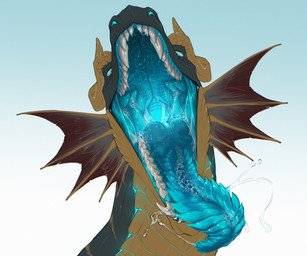 bioluminescence blue_background blue_mouth blue_nostrils blue_sclera blue_tongue bodily_fluids feral frill_(anatomy) glowing gradient_background grey_body grey_scales gums horn male membrane_(anatomy) membranous_frill mouth_shot multicolored_body open_mouth saliva saliva_bubble saliva_string scales sharp_teeth simple_background solo teeth tongue tongue_out white_background yellow_body yellow_eyes yellow_frill yellow_scales chillingsmite mythology fulguron dragon mythological_creature mythological_scalie scalie 2026 colored detailed digital_drawing_(artwork) digital_media_(artwork) headshot_portrait hi_res portrait shaded