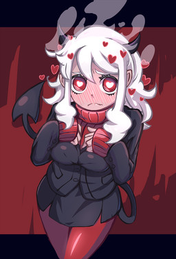 black_clothing black_horn black_tail blush breasts clothed clothing female footwear hair heart_eyes heart_symbol horn legwear light_body light_skin long_hair not_furry pointed_tail red_background red_clothing red_eyes red_footwear red_legwear red_socks red_sweater red_topwear simple_background socks solo spade_tail steam sweater tail topwear white_hair k6631738 helltaker modeus_(helltaker) demon humanoid