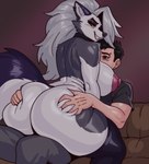 anthro areola big_areola big_breasts big_butt blush breasts bubble_butt butt butt_grab butt_squish clothed clothing duo ear_piercing ear_ring fat_rolls female fully_clothed fur grey_hair hair hand_on_butt huge_breasts huge_butt huge_thighs looking_at_viewer looking_back male male/female nipples piercing red_sclera ring_piercing seductive smile squish tail thick_thighs thigh_highs_only white_body white_fur wide_hips l3nkart helluva_boss mythology loona_(helluva_boss) canid canid_demon canine demon hellhound human mammal mythological_canine mythological_creature absurd_res hi_res