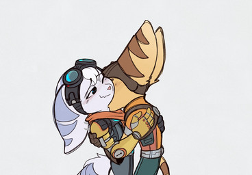 anthro blush clothed clothed_female clothed_male clothing cybernetic_arm cybernetic_limb duo ear_piercing ear_ring eyewear eyewear_on_head female fluffy fluffy_tail fur goggles goggles_on_head hair male male/female markings neck_kiss one_eye_closed piercing pink_nose ring_(marking) ring_piercing ringed_tail striped_markings striped_tail stripes tail tail_markings thin_tail white_body white_fur white_hair yellow_body yellow_fur time_fluffy500 ratchet_and_clank sony_corporation sony_interactive_entertainment ratchet_(ratchet_and_clank) rivet_(ratchet_and_clank) lombax mammal