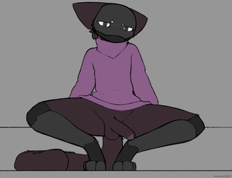 anthro balls bottomless clothed clothing erection foreskin fur genitals humanoid_genitalia humanoid_penis male partially_clothed partially_retracted_foreskin penis pose prosthetic prosthetic_arm prosthetic_limb red_body red_fur screen screen_face solo spread_legs spreading sweater topwear eggnog_(artist) felid feline mammal hi_res nonbinary_(lore)
