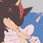 anthro black_body black_fur blue_body blue_fur blush clothing duo fur gloves green_eyes grey_background hand_holding handwear male male/male pink_eyes red_body red_fur simple_background sikai sega sonic_the_hedgehog_(series) shadow_the_hedgehog sonic_the_hedgehog eulipotyphlan hedgehog mammal 1:1