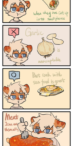 4_fingers ambiguous_gender blue_eyes brown_body brown_fur clothed clothing cutlery eyebrow_through_hair eyebrows fingers food fork fur garlic hair holding_object kemono kitchen_utensils meat no_pupils open_mouth orange_body orange_fur plant raised_eyebrows shirt simple_background solo speech_bubble text tools topwear translucent translucent_hair vegetable white_body white_fur white_hair milkybot hu_ku_li_(milkybot) domestic_cat felid feline felis mammal 2019 comic english_text hi_res