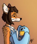 after_sex anna_fox anna_fox_(artist) anthro avian beak breasts canid canine clothed clothed/nude clothing cuddling female female/female fox fur holding_breast hug looking_at_another low_res mammal nude pipi_(annafox) shirt simple_background tank_top topless topwear