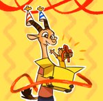 anthro box brown_body brown_eyes brown_fur cardboard cardboard_box clothing container duo fur hat headgear headwear holding_object horn light open_mouth open_smile party_hat simple_background smile standing yellow_background theblueberrycarrots chico_(fuel) ty_(appleseed) antelope banded_linsang bovid gazelle linsang mammal viverrid 2020 digital_media_(artwork) lighting shaded