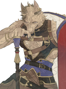 anthro anthrofied axe belt brown_body brown_fur clothing coat fur looking_at_viewer male muscular muscular_anthro muscular_male pecs purple_eyes scar snarling solo topwear trenchcoat orenjimaru hololive hololive_en vtuber crimzon_ruze canid canine canis mammal wolf