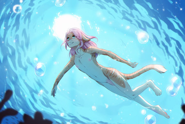 anthro bubble casual_nudity femboy flaccid fur genitals green_eyes hair happy long_hair male multicolored_body multicolored_fur nipples nude penis pink_hair smile solo stripes sun swimming underwater water fumiko carmelo_(neptune1300) domestic_cat felid feline felis mammal digital_media_(artwork) hi_res shaded