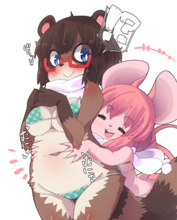 anthro belly black_nose blue_eyes blush bra breasts brown_body brown_fur brown_hair camel_toe clothed clothing deep_navel duo eyes_closed eyewear female female/female fur glasses grabbing_from_behind hair hug interrobang kemono navel open_mouth open_smile panties pink_body pink_fur pink_hair simple_background skimpy slightly_chubby smile standing text underwear white_background youki029 glasses_tanuki_(youki029) mouse_girl_(youki029) canid canine mammal mouse murid murine raccoon_dog rodent tanuki 2017 hi_res japanese_text