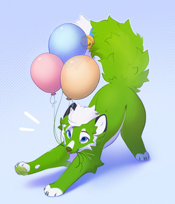 balloon blue_background blue_eyes cheek_tuft claws facial_tuft feral fluffy fluffy_tail fur green_body green_fur green_nose green_pawpads inflatable looking_up male pawpads simple_background solo tail tongue tongue_out tuft white_body white_fur shiones canid canine fox mammal 2025 colored digital_drawing_(artwork) digital_media_(artwork) hi_res shaded