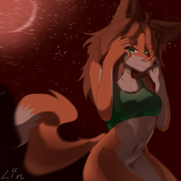 anthro belt bottomless bottomless_anthro breasts clothed clothing female fluffy fluffy_tail fox_ears fox_tail fur green_eyes hair moon red_moon tail unknown_artist terraria zoologist_(terraria) canid canine fox mammal 1:1 hi_res