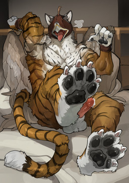 4_toes 5_fingers anthro balls beak bed blindfold bodily_fluids bound breath claws cuff_(restraint) dipstick_tail erection falconry_hood feathered_wings feathers feet finger_claws fingers foot_focus fur furniture genital_fluids genitals hands_tied hood inside male markings nude nude_anthro nude_male on_bed open_beak open_mouth orange_body orange_fur pawpads paws penis precum restraints rope solo stripes tail tail_markings tied_to_bed toe_claws toes tongue white_body white_fur wings wrist_cuffs wintom mythology streifi avian felid gryphon hybrid mammal mythological_avian mythological_creature pantherine tiger 2025 digital_media_(artwork) hi_res