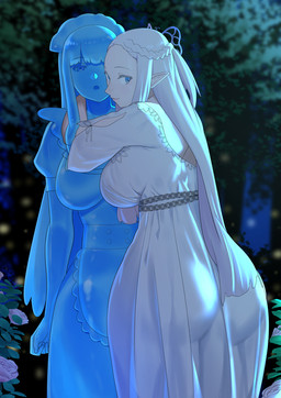 big_butt blue_body butt dark duo female hair night not_furry outside white_hair remomon elf goo_creature goo_humanoid humanoid hi_res