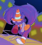 anthro big_tail bottomless clothed clothing female footwear fur headgear headwear purple_body purple_fur shoes solo tail traffic_cone lizardfungus vlc unknown_species hi_res