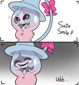 anthro black_sclera blue_hair bow_accessory bow_tie camera_overlay creepy_smile eyebrows female hair pink_bow pink_bow_tie pink_eyebrows pink_hair pupils simple_background smile solo text white_body white_pupils todok9 nintendo pokemon generation_8_pokemon hatterene pokemon_(species) comic hi_res