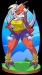2016 3_fingers alpha_channel anthro anthrofied avian big_breasts biped blaziken blue_eyes bottomwear breasts cleavage clothed clothing day feathers feet female fingers generation_3_pokemon hair hi_res hotpants navel nintendo non-mammal_breasts outside pokemon pokemon_(species) pokemorph red_body red_feathers shorts signature sky smile snappygrey solo standing talons toes topwear torn_clothing torn_topwear white_hair wide_hips yellow_sclera