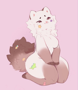 anthro black_eyebrows breasts brown_body brown_eyes brown_fur eyebrows eyelashes featureless_breasts female fur hands_on_legs kneeling looking_up medium_breasts pink_nose simple_background smile solo thick_thighs white_body white_fur wide_hips shiones canid canine canis domestic_dog mammal pomeranian spitz 2026 colored colored_sketch digital_drawing_(artwork) digital_media_(artwork) flat_colors hi_res sketch