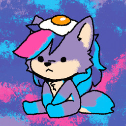 anthro blue_body blue_fur blue_markings chest_tuft chibi countershade_accent female fried_egg fur gloves_(marking) hair leg_markings markings multicolored_body multicolored_fur multicolored_hair object_on_head purple_body purple_fur sitting socks_(marking) solo sparklefur tan_body tan_fur tuft ascella_(artist) ascella 1:1 hi_res