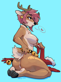 5_fingers anthro antlers anus areola bell blue_background breasts brown_body brown_eyes brown_fur butt cloven_hooves collar colored_nails female fingers fur hair heart_symbol holidays hooves horn jingle_bell looking_back nails nipple_piercing nipples nude piercing pink_hair pink_nails scut_tail short_tail simple_background solo tail thick_thighs kirikatt christmas dazzler_(kadath) deer mammal new_world_deer reindeer absurd_res digital_media_(artwork) hi_res