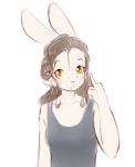 anthro brown_hair clothed clothing female gesture hair hand_gesture looking_at_viewer middle_finger simple_background solo white_background yellow_eyes alasou alissa_(alasou) lagomorph leporid mammal rabbit 2020 digital_media_(artwork) hi_res