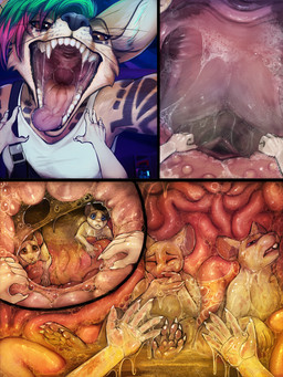anthro black_markings blue_eyes bodily_fluids brown_eyes clothed clothing disgust epiglottis fatal_vore female female_pred first_person_view fur green_hair group hair imminent_death inside_stomach internal markings mouth_shot narrowed_eyes nude open_mouth oral_vore orange_body orange_fur organs pink_hair prey_pov saliva saliva_string semi-anthro size_difference stomach stomach_acid tongue tongue_out unwilling_prey vore white_body white_fur acidic canid canine mammal mouse murid murine rodent 3:4 comic digital_media_(artwork) digital_painting_(artwork) hi_res painting_(artwork)