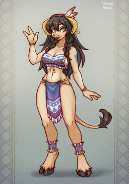 anthro bandeau black_hair bottomwear braided_hair breasts clothed clothed_anthro clothed_female clothing female fur hair hooves loincloth markings navel smile solo tail tail_tuft tan_body tan_fur topwear tribal tribal_markings tuft honeymooo blizzard_entertainment warcraft seni_mistrunner bovid bovine mammal tauren hi_res