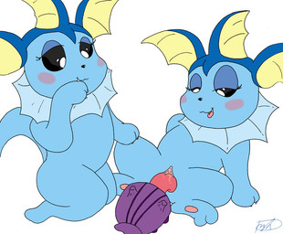 cunnilingus duo female feral frill_(anatomy) genitals licking membrane_(anatomy) membranous_frill neck_frill oral sex tail tongue tongue_out vaginal vulva psyredtails nintendo pokemon eeveelution generation_1_pokemon pokemon_(species) shellder vaporeon