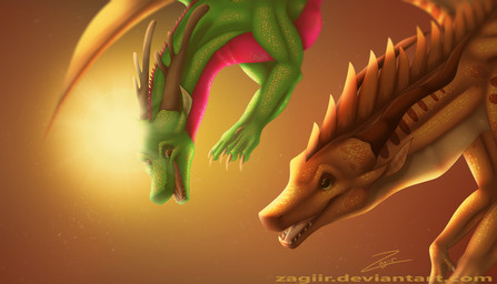 ambiguous_gender claws duo feral flying gold_scales green_body green_scales horn light long_neck membrane_(anatomy) membranous_wings open_mouth pink_body pink_scales scales smile snout sun sunlight teeth text tongue wings zagiir mythology wings_of_fire dragon mythological_creature mythological_scalie sandwing_(wof) scalie digital_media_(artwork) english_text shaded signature url watermark