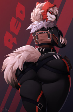 anthro big_butt bottom_heavy bottomwear butt clothed clothing cosplay crossed_arms female fully_clothed fur grin hair huge_butt jacket looking_at_viewer looking_back looking_back_at_viewer neck_tuft pants rear_view red_body red_eyes red_fur smile solo standing thick_thighs tight_bottomwear tight_clothing tight_pants topwear tuft white_hair wide_hips xintro epic_games fortnite nintendo pokemon pack_leader_highwire generation_7_pokemon lycanroc midnight_lycanroc pokemon_(species) absurd_res hi_res