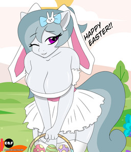 accessory anthro bare_shoulders basket big_breasts bow_ribbon breasts cleavage clothed clothing container detailed_background dress easter_basket easter_egg fake_ears fake_rabbit_ears female flirting garter_straps glistening glistening_body glistening_breasts grey_body grey_hair grey_tail hair hair_accessory hair_bow hair_ribbon holidays leaning leaning_forward legwear one_eye_closed outside pink_sky purple_eyes ribbons sky solo stockings strapless_clothing strapless_dress tail text white_clothing white_dress wink eqf18 easter silver_bell_(eqf18) equid equine horse mammal pony 2024 english_text hi_res
