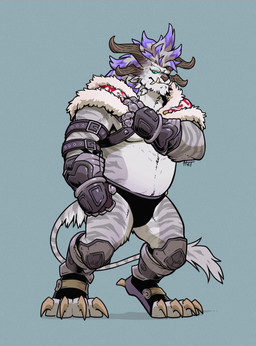 4_ears 4_horns anthro armor belt belt_buckle black_clothing black_underwear blue_eyes buckle clothed clothing dewclaw fangs fur fur_clothing gauntlets gloves grey_body grey_fur handwear horn male mane mature_male multi_ear multi_horn multicolored_mane muscular muscular_male partially_clothed solo standing striped_body striped_fur stripes tail tail_tuft teeth tuft underwear het_(artist) guild_wars charr felid mammal 2026 hi_res
