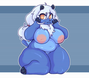 :< anthro anthrofied areola belly big_breasts big_eyes blue_body blush blush_lines breasts closed_frown deep_navel embarrassed eye_through_hair eyebrow_through_hair eyebrows eyelashes featureless_crotch feet female fingers front_view frown geometric_background hair hand_on_face huge_breasts huge_thighs kneeling long_hair looking_at_viewer mouth_closed navel nipples nude overweight overweight_anthro overweight_female pink_areola pink_nose ponytail pupils seiza simple_background sitting solo thick_thighs three-quarter_view toes translucent translucent_hair white_hair white_outfit white_pupils yellow_eyes moogers nintendo pokemon generation_5_pokemon mammal pokemon_(species) samurott 2023 digital_media_(artwork) full-length_portrait hi_res portrait shaded soft_shading