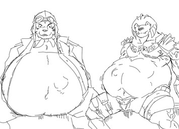 abdominal_bulge anthro anthro_pred armor aviator_cap belly big_belly duo eyewear glasses headgear helmet huge_belly male male_pred same_size_vore shoulder_armor vore reagan700 dragon_ball hot_wheels_battle_force_5 captain_kalus captain_yellow felid lion mammal pantherine tiger monochrome