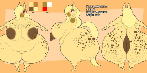 anthro anus big_breasts big_butt blonde_hair breasts brown_body brown_nipples butt female genitals hair huge_breasts huge_butt nipples solo tail text thick_thighs vulva crowundeadcat sofia_escobar equid equine horse mammal english_text hi_res model_sheet