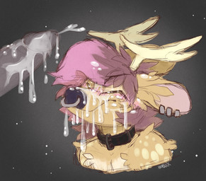 ambiguous_gender anthro antlers blush bodily_fluids bukkake collar collar_only cum cum_in_hair cum_in_mouth cum_inside cum_on_face ear_piercing facial_piercing genital_fluids genitals hair horn nose_piercing nose_ring nude penis piercing pink_hair ring_piercing septum_piercing septum_ring solo spots neonbuck cirrus_winters canid canine deer mammal new_world_deer white-tailed_deer