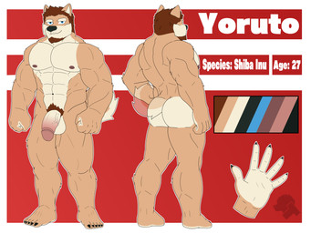 anthro beard facial_hair feet genitals humanoid_feet humanoid_genitalia humanoid_hands humanoid_penis male manly muscular muscular_anthro muscular_male pecs penis plantigrade solo touffe canid canine canis domestic_dog mammal shiba_inu spitz 4:3 hi_res model_sheet