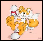 5_toes anthro barefoot big_feet biped black_border blush bodily_fluids border discarded_shoes feet foot_fetish foot_focus humanoid_feet male plantigrade soles solo sweat sweaty_feet toes young young_anthro benjipaws sega sonic_the_hedgehog_(series) miles_prower canid canine fox mammal hi_res