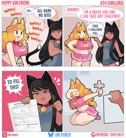 big_breasts black_eyes black_hair black_tail blonde_hair bodily_fluids breasts cleavage clothed clothing collar cross dark_body dark_skin dialogue duo eyelashes female flying_sweatdrops hair half-closed_eyes holding_cross holding_object huge_breasts job_application long_hair midriff narrowed_eyes navel sharp_teeth smile smug standing sweat sweatdrop tail teeth text thick_thighs onigiri_punch animal_humanoid canid canid_humanoid canine canine_humanoid cat_humanoid dog_humanoid felid felid_humanoid feline feline_humanoid humanoid mammal mammal_humanoid absurd_res comic english_text hi_res